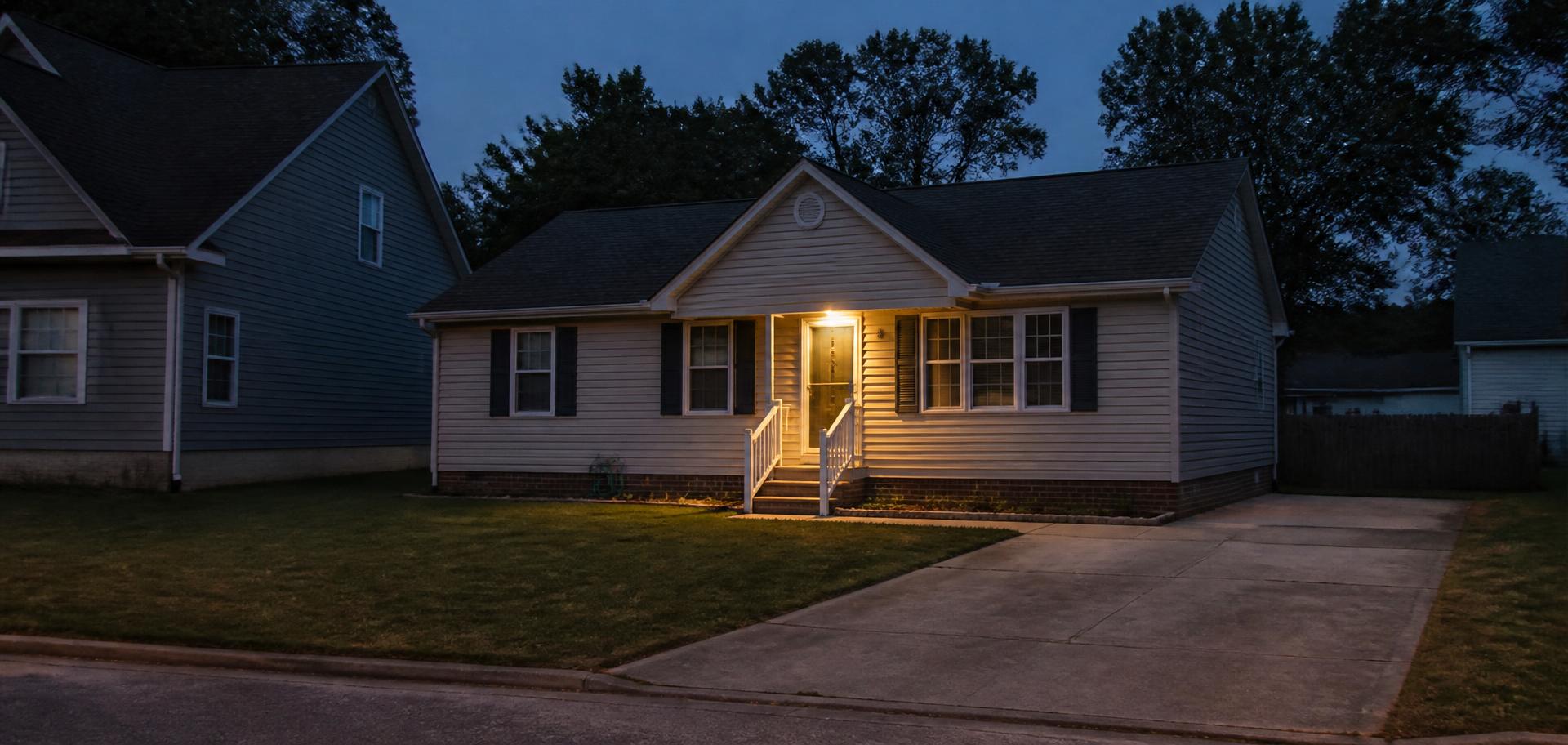 A Hampton Roads neighborhood home at dusk